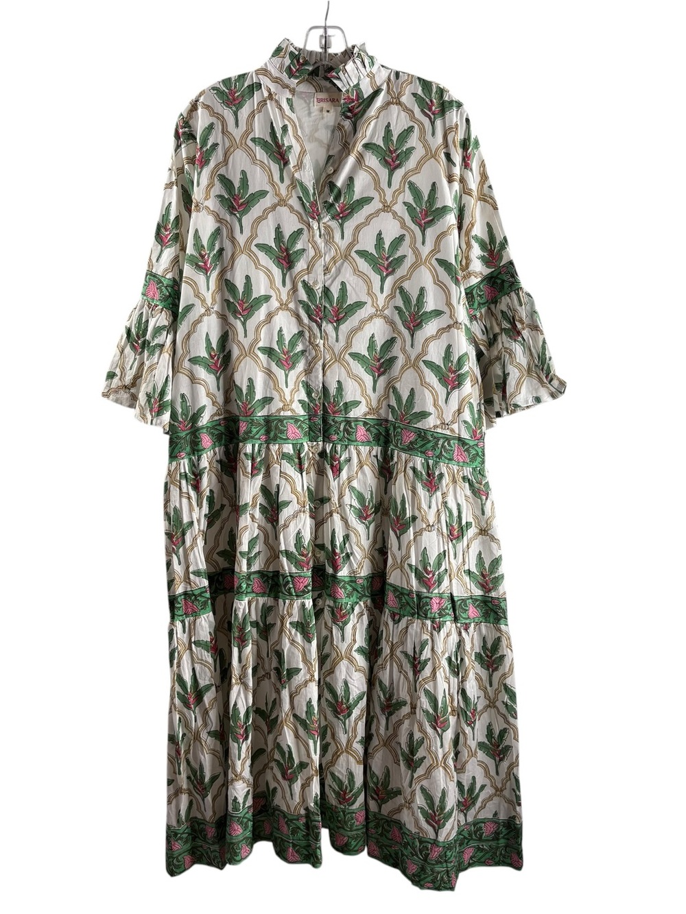 BRISARA Floral Tiered Maxi Dress in Cream, Green & Pink NWT $219